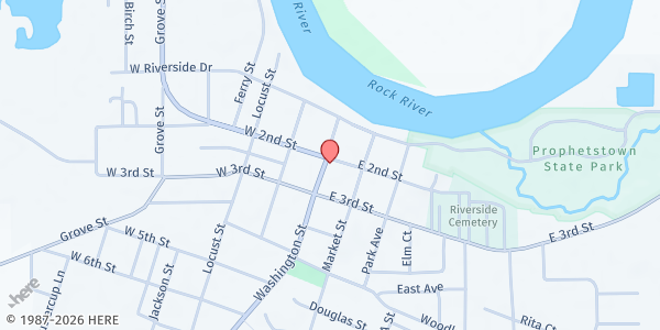 Map showing Prophetstown-Lyndon Food Pantry at 215 Washington St, Prophetstown, IL