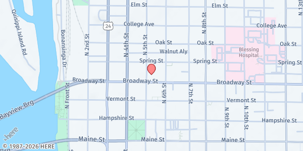 Map showing Salvation Army Food Pantry Quincy at 501 Broadway, Quincy, IL