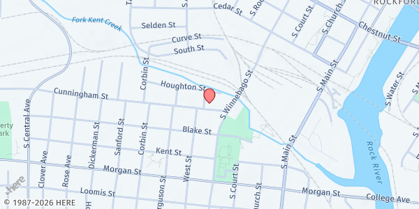 Map showing Welcome Star Lodge #36 P.H.A. at 627 Cunningham Street, Rockford, IL