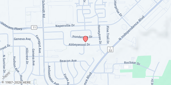 Map showing Love Fellowship Baptist Church at 730 N. Independence Blvd., Romeoville, IL