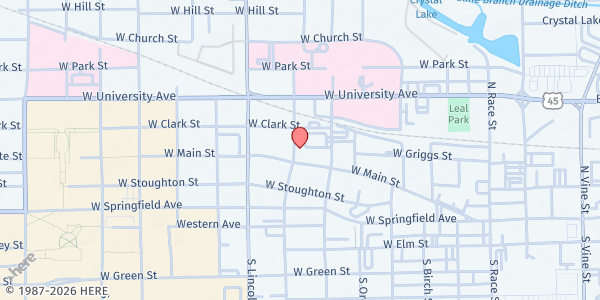 Map showing St. Vincent DePaul-Urbana at 708 W Main St, Urbana, IL