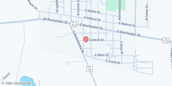 Map showing Akron Church of God - United We Stand Food Pantry at 107 E. Walnut St., Akron, IN