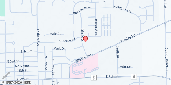 Map showing Indian Village Church of God - Food Distribution Center at 602 Erie Pass, Auburn, IN