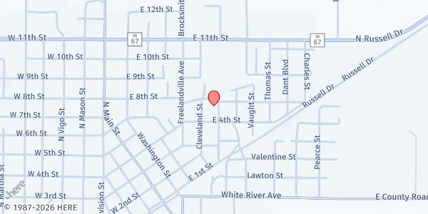 Map showing North Knox Social Ministries Food Pantry at 413 N. Murlin St., Bicknell, IN