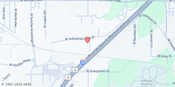 Map showing Hoosier Hills Food Bank at 2333 W. Industrial Park Dr., Bloomington, IN