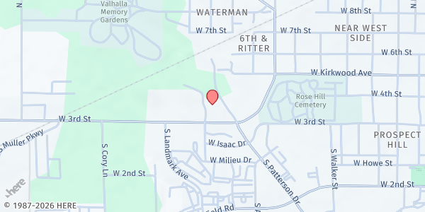 Map showing Wheeler Mission Center For Men at 215 S. Westplex Ave., Bloomington, IN