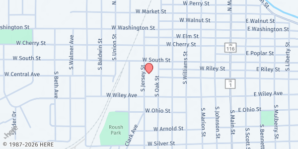 Map showing Community Harvest Farm Wagon Mobile Pantry - Life Community Church at 428 S. Oak St., Bluffton, IN