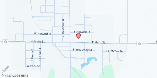 Map showing Brook Community Meals at 124 E. Main St., Brook, IN