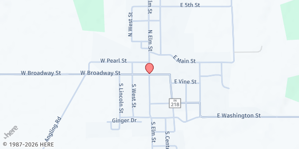 Map showing Bunker Hill Community Church at 100 Broadway St., Bunker Hill, IN