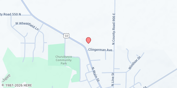 Map showing Churubusco UMC at 750 N. Main St., Churubusco, IN