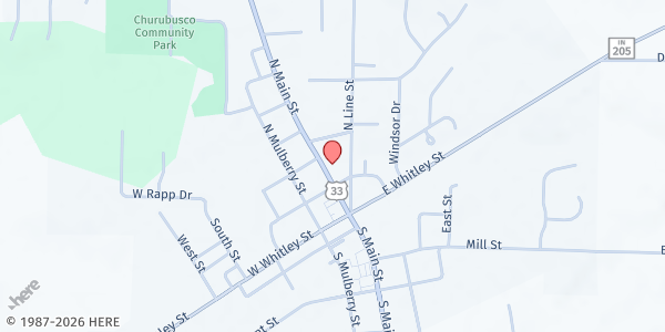 Map showing St. John Bosco Catholic Church at 216 N. Main St., Churubusco, IN
