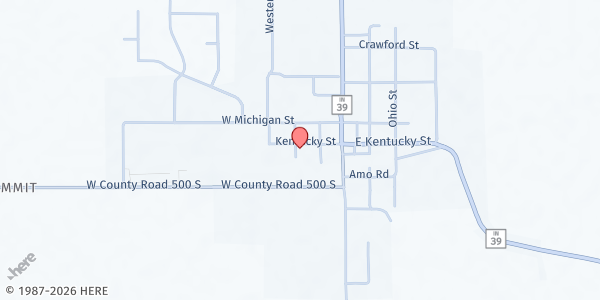 Map showing Mill Creek Christian Support Center at 95 E Kentucky St, Clayton, IN