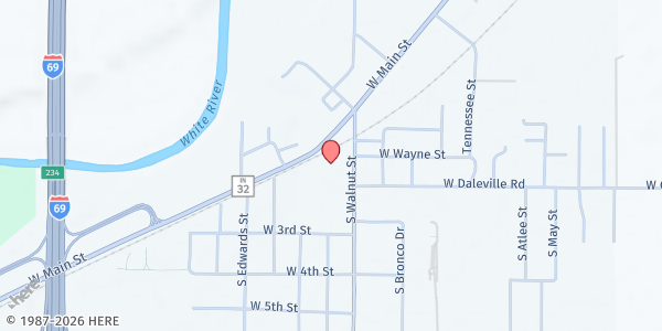 Map showing Daleville Town Hall at 8019 S. Walnut St., Daleville, IN