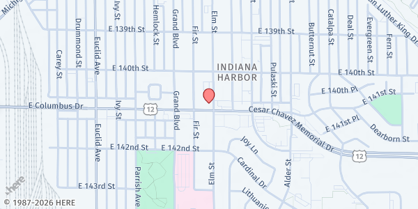 Map showing Greater Destiny Church at 1920 E. Columbus Drive, East Chicago, IN