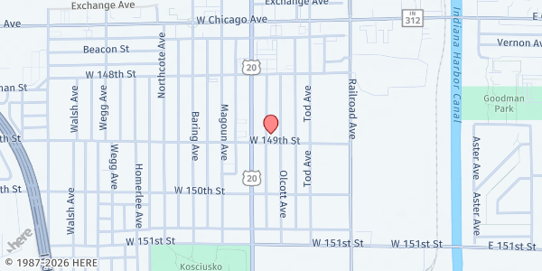 Map showing Greater First Baptist at 4862 Olcott Ave, East Chicago, IN