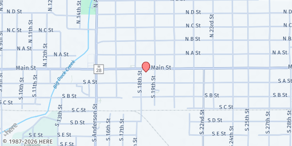 Map showing East Main Street Christian Church at 1801 Main St., Elwood, IN