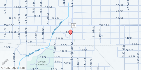 Map showing Elwood Community Pantry & George Morrisett Center at 208 S. Anderson St., Elwood, IN