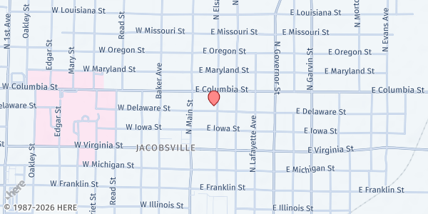 Map showing Alpha & Omega Burning Bush Ministries at 28 E. Delaware St., Evansville, IN