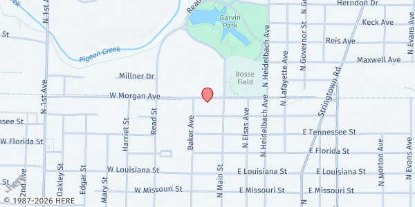 Map showing Little Free Pantry - Dream Center at 16 W. Morgan Ave., Evansville, IN