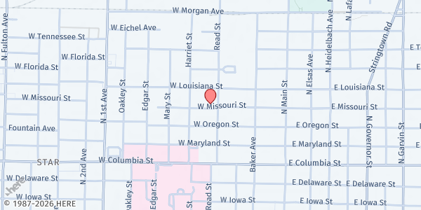 Map showing Ozanam Family Shelter at 1100 Read St., Evansville, IN
