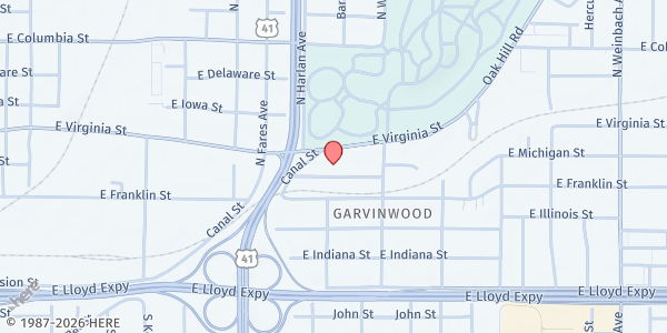 Map showing Rhythm Church at 641 Washington Ave., Evansville, IN