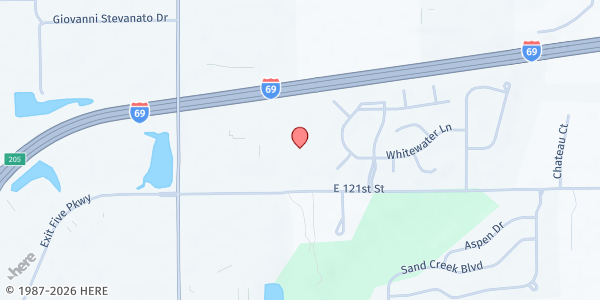 Map showing Discovery Church International - Global Food Bank at 10080 E. 121st St. #130a, Fishers, IN