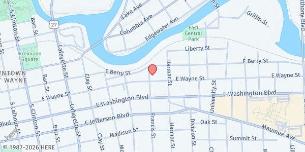 Map showing East Wayne Street Center at 801 E. Wayne St., Fort Wayne, IN