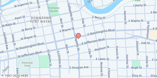 Map showing Fort Wayne Rescue Mission at 404 E. Washington Blvd., Fort Wayne, IN