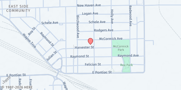 Map showing Harvester Missionary Church at 3331 Harvester Ave., Fort Wayne, IN