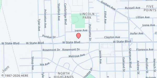 Map showing Queen of Angels Catholic Church - St. Vincent de Paul at 1500 W State Blvd, Fort Wayne, IN