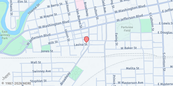 Map showing Wellspring Interfaith Social Services Food Bank at 1316 Broadway, Fort Wayne, IN