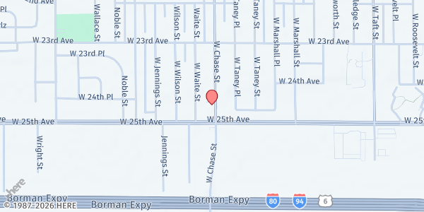 Map showing Love Feast Church Food Program at 2456 Chase St, Gary, IN