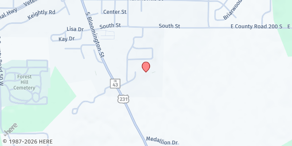 Map showing Greencastle Christian Church at 620 Primerose Ct., Greencastle, IN