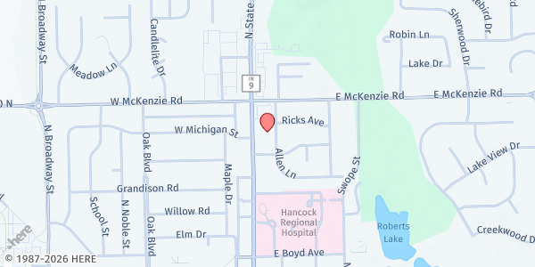 Map showing Jane Pauley Community Health Clinic at 1107 N State St, Greenfield, IN