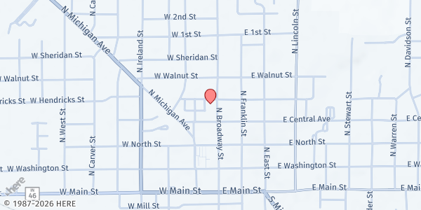 Map showing Gleaners Mobile Decatur Co at First Christian Church at 425 N. Broadway St., Greensburg, IN