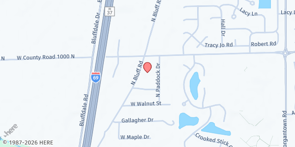 Map showing Mount Pleasant Christian Church IMPACT Center at 381 N. Bluff Rd., Greenwood, IN