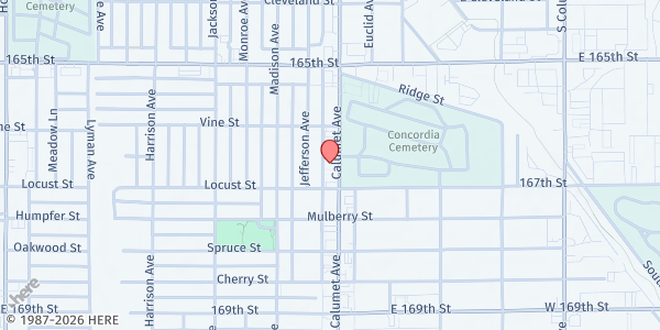 Map showing New Hope Missionary Baptist at 6634 Calumet Ave, Hammond, IN