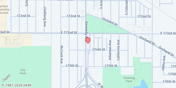 Map showing The Center (LPC) at 7337 Kennedy Ave, Hammond, IN