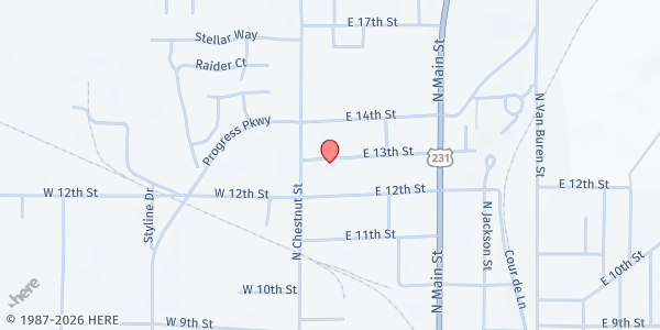 Map showing Christian Ministries of Huntingburg - Shared Abundance at 321 E. 4th St., Huntingburg, IN