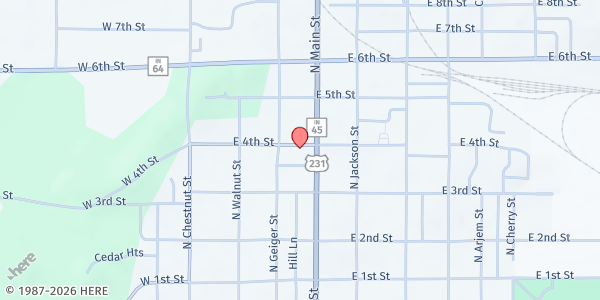 Map showing Shared Abundance/Christian Ministries of Huntingburg at 321 E 4th St, Huntingburg, IN