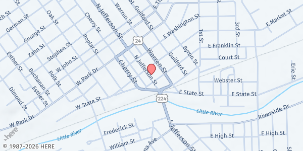 Map showing New Life Ministries Soup Kitchen at 323 N. Jefferson St., Huntington, IN