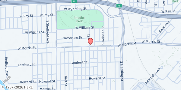 Map showing Billie's Food Pantry at 1754 W. Morris St., Indianapolis, IN