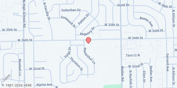 Map showing Brown Bag Ministries - Iglesia Triunfo at 5701 W. 34th St., Indianapolis, IN