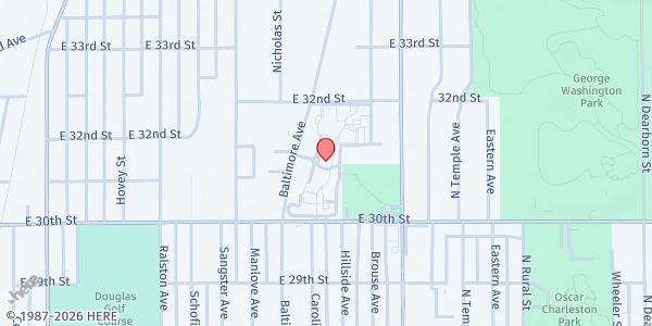 Map showing Church of the Living Water Pantry at Blackburn Terrace at 3091 Baltimore Ave., Indianapolis, IN