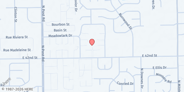 Map showing Church of the Living Water Pantry at Meadowlark Apts at 9350 E. 43rd St., Indianapolis, IN