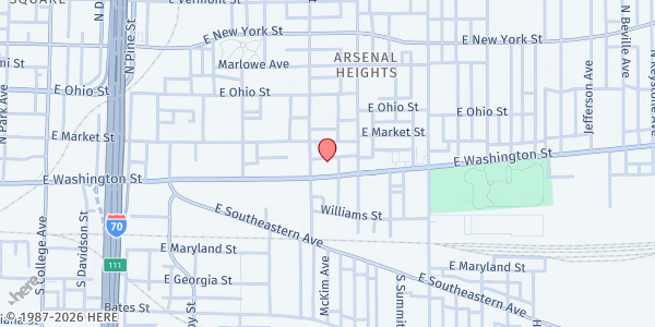 Map showing Damien Center at 1420 E Washington St, Indianapolis, IN