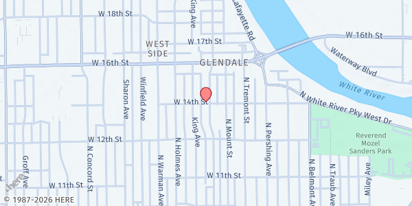 Map showing First Samuel Missionary Baptist at 1402 N. Belleview Pl., Indianapolis, IN