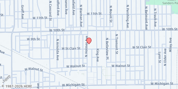 Map showing Holy Family Shelter at 907 N Holmes Ave, Indianapolis, IN