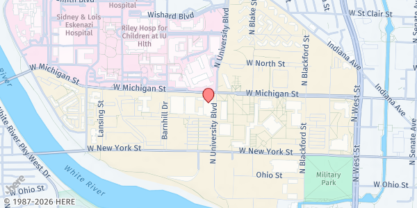 Map showing IUI: PAWS Pantry @ IUI at 420 University Blvd STE 270, Indianapolis, IN