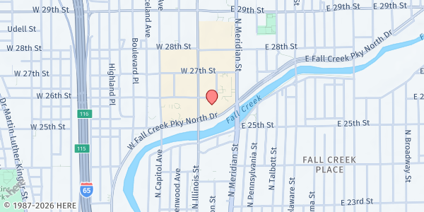 Map showing Ivy Tech Community College - Indianapolis at 50 W Fall Creek Pkwy N Dr, Indianapolis, IN